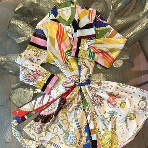 Darling multicolored Baroque print satin button down belted dress!!